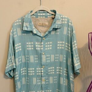 Tommy Bahama Aqua Blue Ikat-Style Short Sleeve Button-Down Shirt